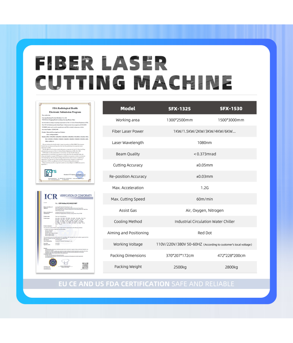 SFX-1325 1000W 1500W 2000W Fiber Laser Cutting Machine Metal Laser Cutter 1300*2500mm Workbed